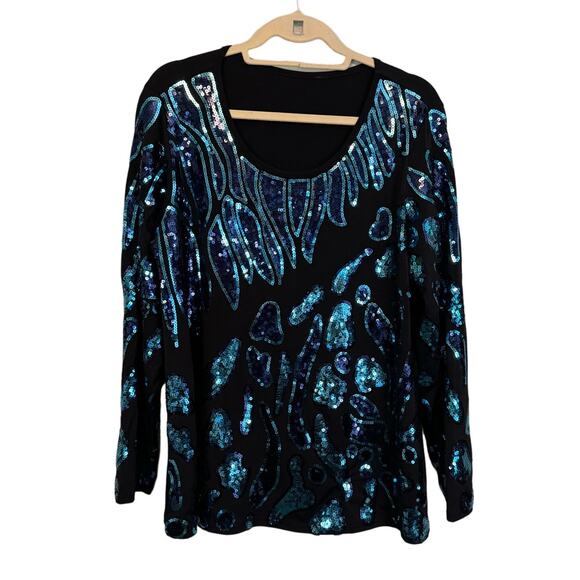 Joan Boyce Tops - Joan Boyce Blouse Womens XL Black Blue Sequin Embellished Evening Comfy Stretch
